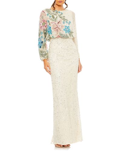 Mac Duggal Embellished Sequin Long Sleeve Blouson Gown - White