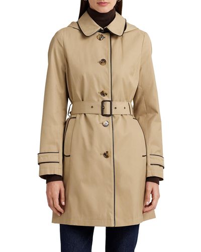 Lauren by Ralph Lauren Hooded Belted Faux Leather Trim Trench Coat - Natural