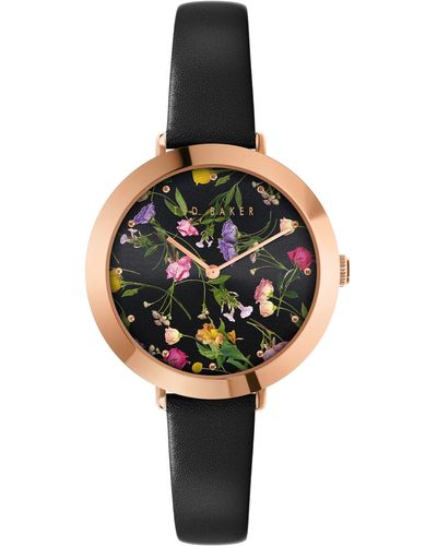 Ted Baker Ammy Floral Leather Strap Watch - Metallic