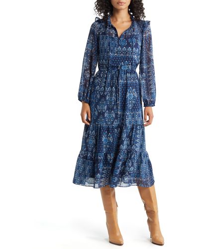 Julia Jordan Tiered Long Sleeve Drawstring Waist Dress - Blue
