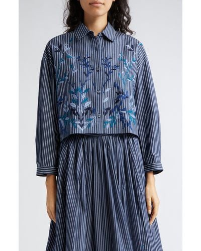 Loretta Caponi Assia Floral Embroidered Stripe Crop Button-up Shirt - Blue