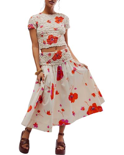 Free People Carino Floral Two-piece Stretch Cotton Crop Top & Midi Skirt - Red