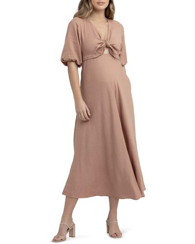 Ripe Maternity Camille Tie Front Linen Blend Maternity Dress - Natural