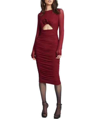 Bardot Yasmeen Cutout Long Sleeve Mesh Midi Dress - Red
