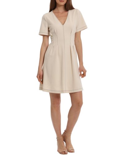 Maggy London Contrast Topstitch Fit & Flare Dress - Natural