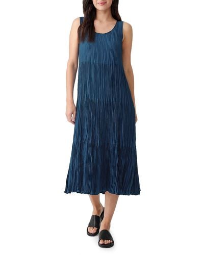 Eileen Fisher Tiered Pleated Silk Midi Dress - Blue