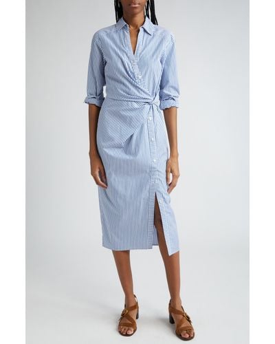 Veronica Beard Wright Stripe Long Sleeve Cotton Midi Shirtdress - Blue