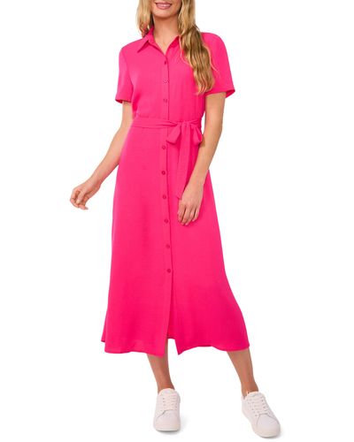 Cece Tie Belt Button-up Twill Midi Dress - Pink