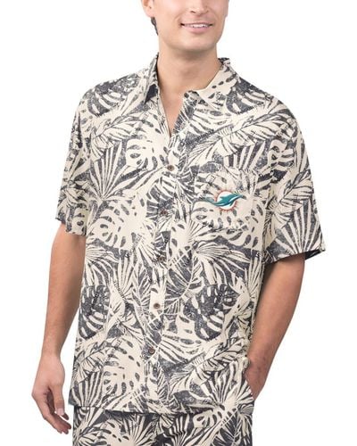 Margaritaville Tan Miami Dolphins Sand Washed Monstera Print Party Button-up Shirt - Gray