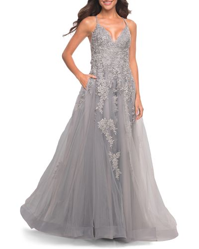 La Femme Lace Embroidered Ballgown - Gray