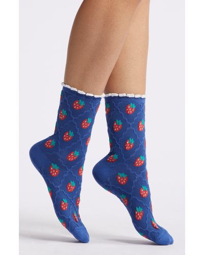 Casa Clara Strawberry Embroidered Cotton Crew Socks - Blue