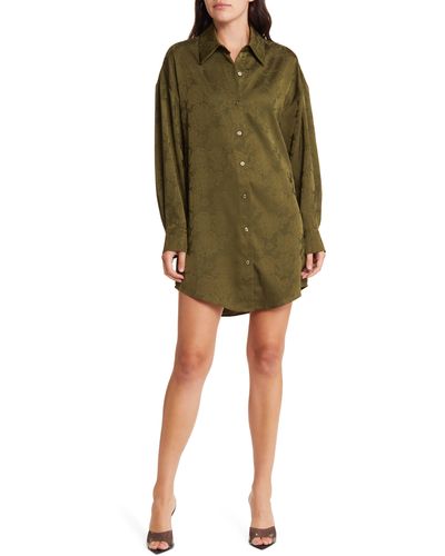 Wayf Floral Jacquard Long Sleeve Shirtdress - Green