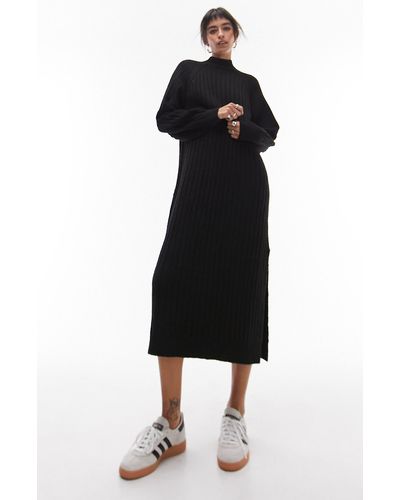 TOPSHOP Mock Neck Long Sleeve Wide Rib Midi Sweater Dress - Black
