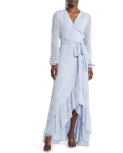 Wayf The Meryl Floral Long Sleeve Wrap Gown - Blue
