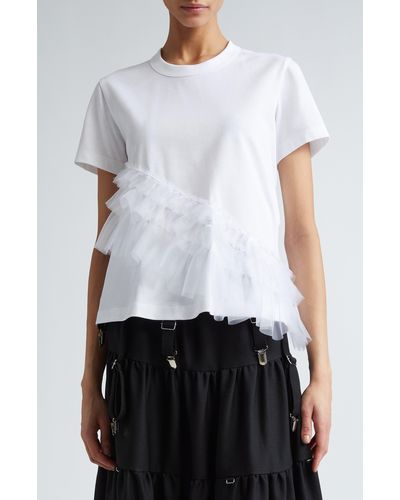 Noir Kei Ninomiya Asymmetric Ruffle Organza Detail Cotton T-shirt - White