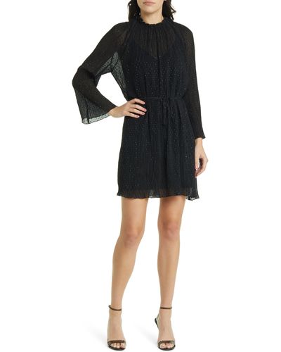 French Connection Callie Embellished Plissé Long Sleeve Dress - Black