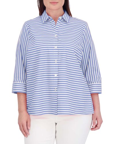 Foxcroft Kelly Stripe Cotton Blend Button-up Shirt - Blue