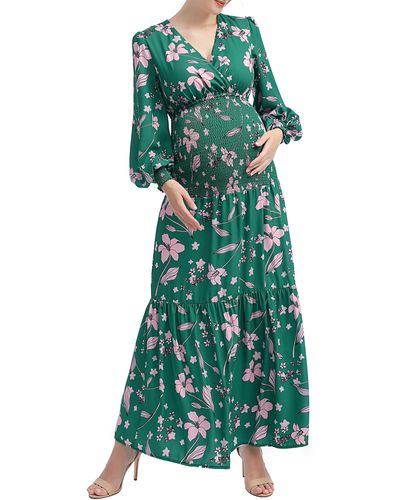 Kimi + Kai Caroline Bloused Sleeve Smocked Maternity Maxi Dress - Green