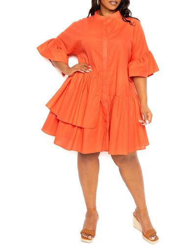 Buxom Couture Flutter Sleeve Cotton & Linen Shift Dress - Orange