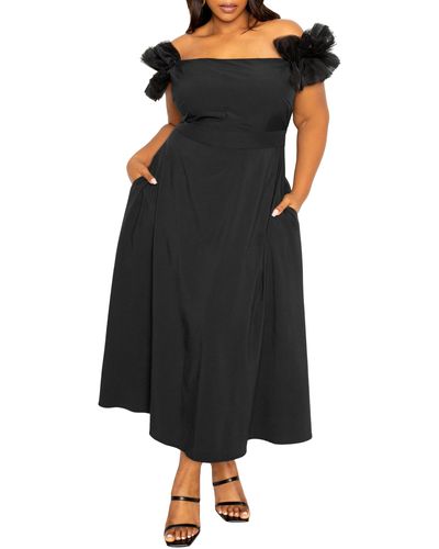 Buxom Couture Off The Shoulder Tulle Sleeve A-line Dress - Black