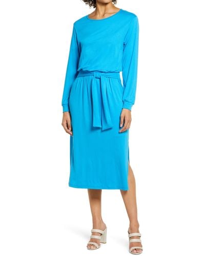 Fraiche By J Tie Waist Long Sleeve Midi Dress - Blue