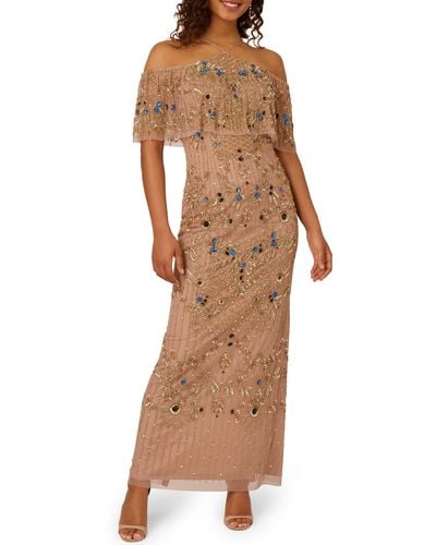 Adrianna Papell Beaded Cold Shoulder Gown - Brown