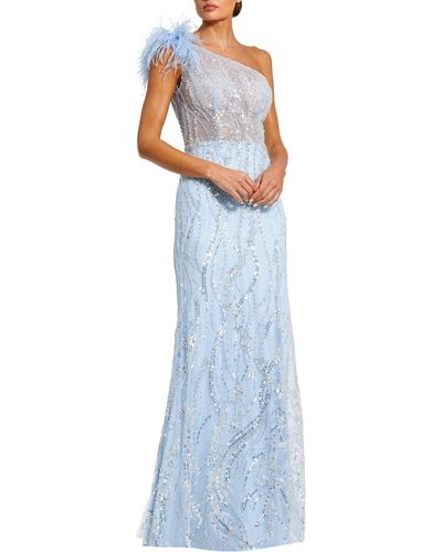 Mac Duggal Feather One-shoulder Embroidered Gown - Blue
