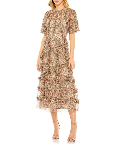 Mac Duggal Floral Flutter Sleeve Ruffle Mesh A-line Dress - Natural
