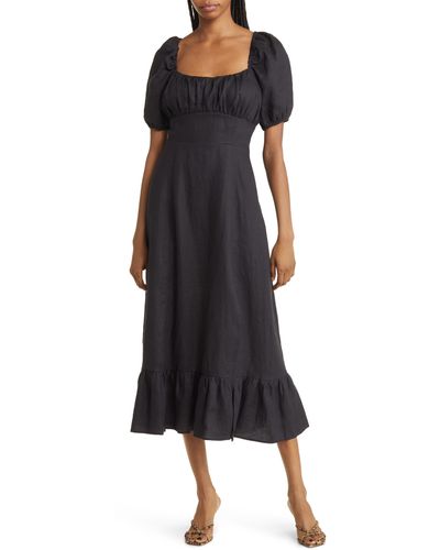 & Other Stories & Puff Sleeve Linen Midi Dress - Black
