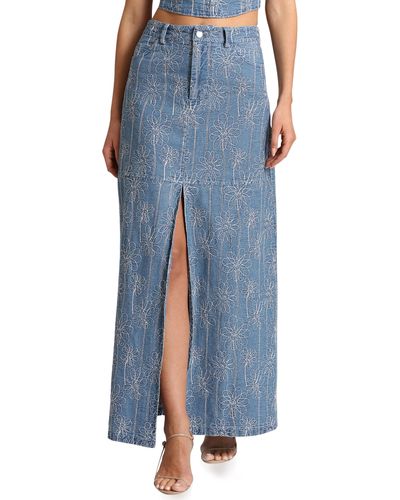 Avec Les Filles Floral Embroidered Slit Denim Maxi Skirt - Blue