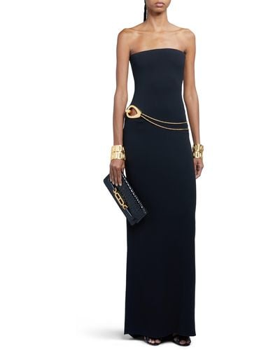 Tom Ford Stretch Sable Cutout Chain Detail Strapless Evening Dress - Blue