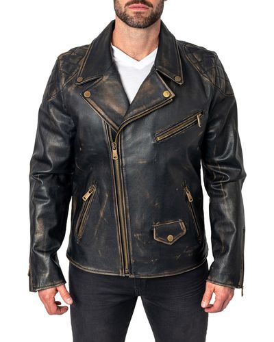 Maceoo Destroyed Leather Biker Jacket - Black