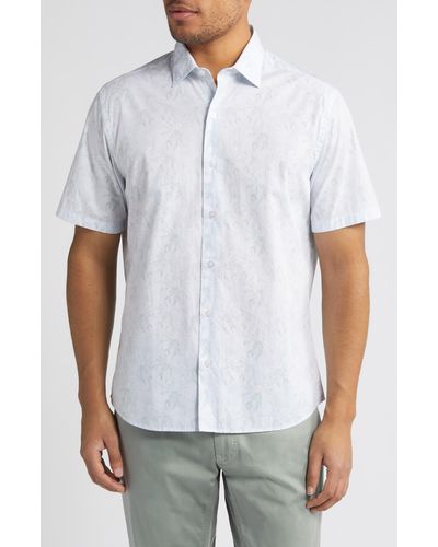 Robert Barakett Leaf Print Short Sleeve Cotton Button-up Shirt - White