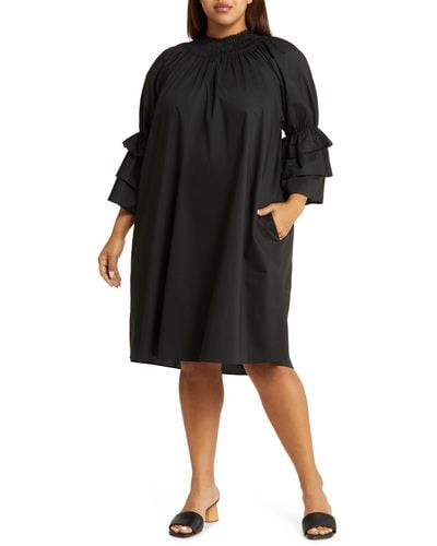 Harshman Daphne Ruffle Cuff Cotton Poplin Dress - Black