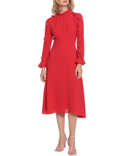 DONNA MORGAN FOR MAGGY Ruffle Long Sleeve A-line Midi Dress - Red