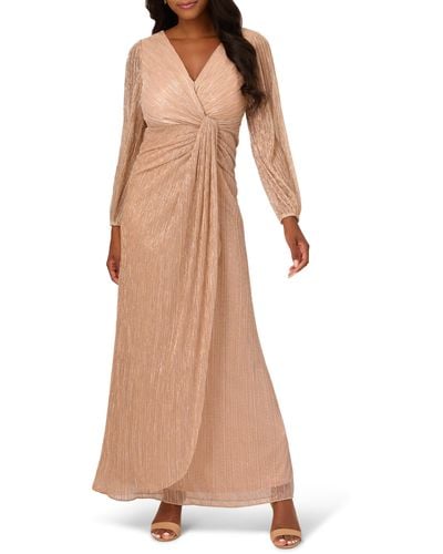 Adrianna Papell Metallic Long Sleeve Mesh Evening Gown - Natural