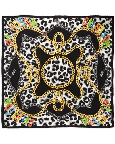 Moschino Leopard Chain Print Square Silk Scarf - Black