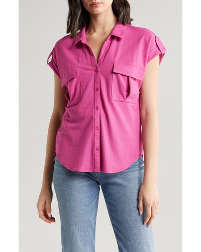 Bobeau Utility Short Sleeve Button-up Shirt - Pink