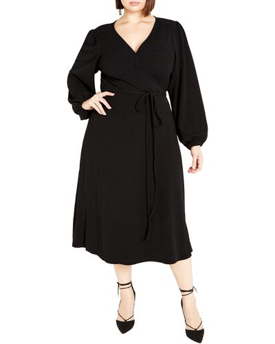 City Chic Hayden Long Sleeve Faux Wrap Midi Dress - Black