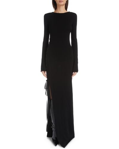 Saint Laurent Side Tie Long Sleeve Wool Column Gown - Black