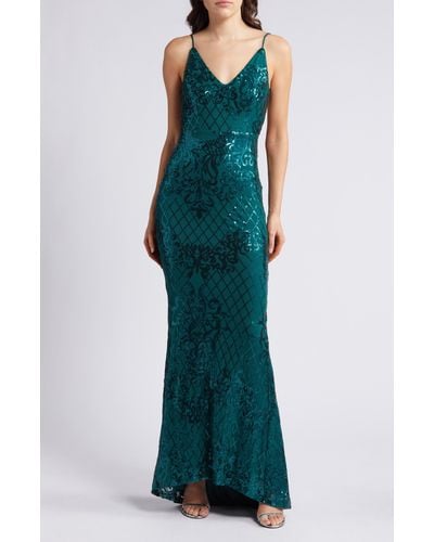 Lulus Glowing All Night Emeral Sequin Sleeveless Mermaid Gown - Green