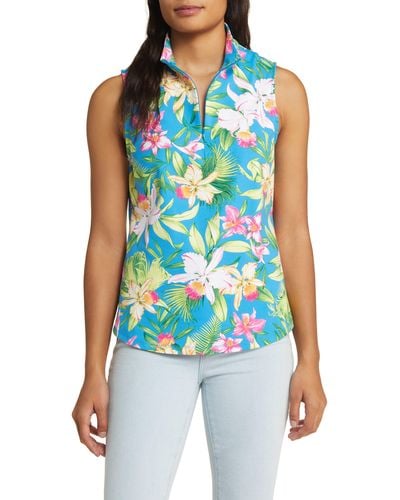 Tommy Bahama Aubrey Bayside Blooms Sleeveless Half Zip Top - Blue