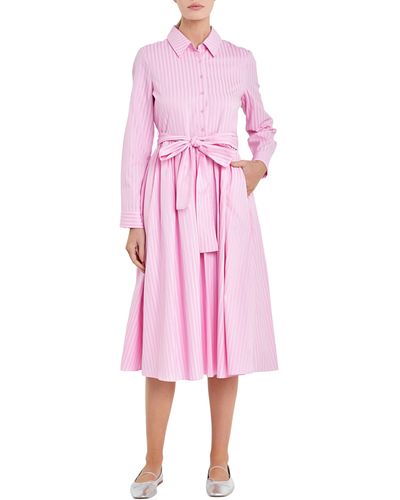 English Factory Stripe Long Sleeve Tie Belt Midi Shirtdress - Pink