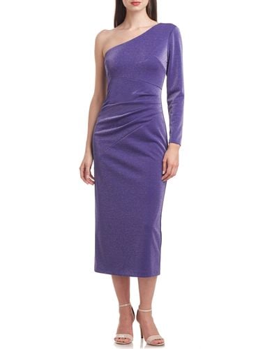 JS Collections Maddie Metallic One-shoulder Single Long Sleeve Cocktail Midi Dress - Purple