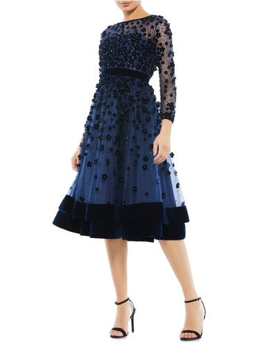 Mac Duggal Long-sleeve Tea-length Floral Applique Cocktail Dress - Blue