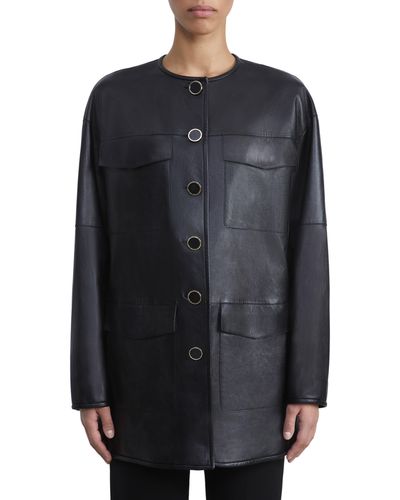 Lafayette 148 New York Four Pocket Leather Overcoat - Black