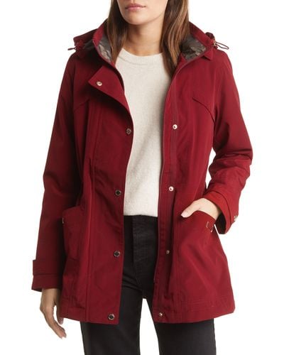 Gallery Cinched Waist Hooded Water Resistant Raincoat - Red