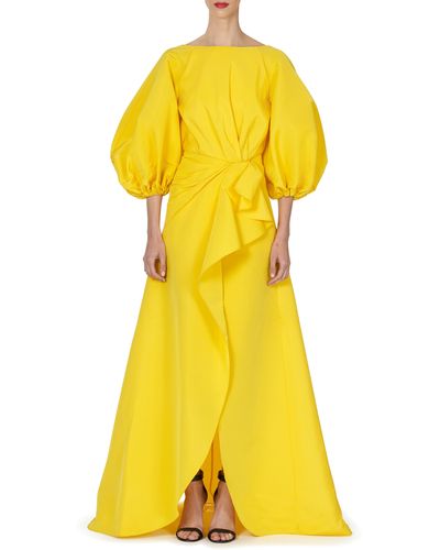Carolina Herrera High-Neck Puff-Sleeve Draped Sarong Gown - Yellow