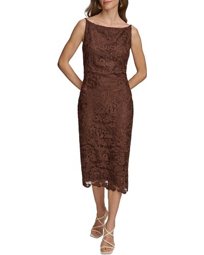 Donna Karan Embroidered Lace Midi Sheath Dress - Brown