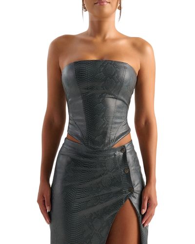 Naked Wardrobe Snakeskin Embossed Lace-up Strapless Faux Leather Corset Top - Black